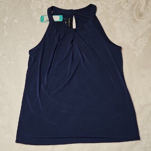 FORTUNE + IVY Stitch Fix Overa Pleat Neck Knit Top in Navy - Picture 2 of 7